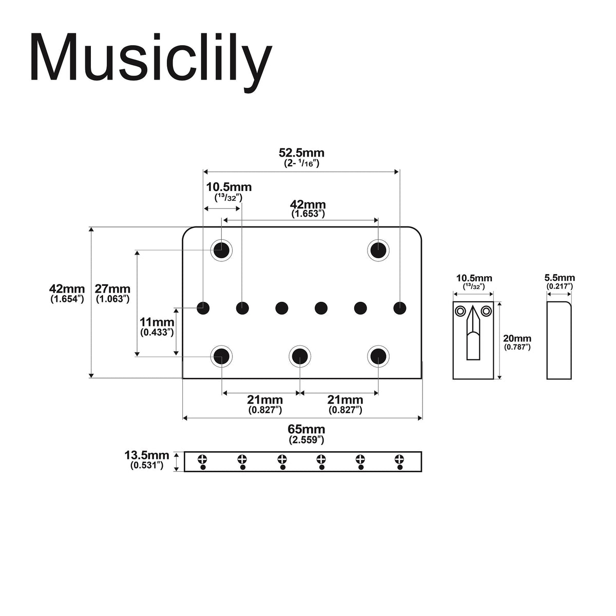 Musiclily Basic 52.5mm(2-1/16 inch) Fixed Hardtail Saddle Dual Load Guitar Bridge for 6 String Fender Strat Tele Style Electric Guitar