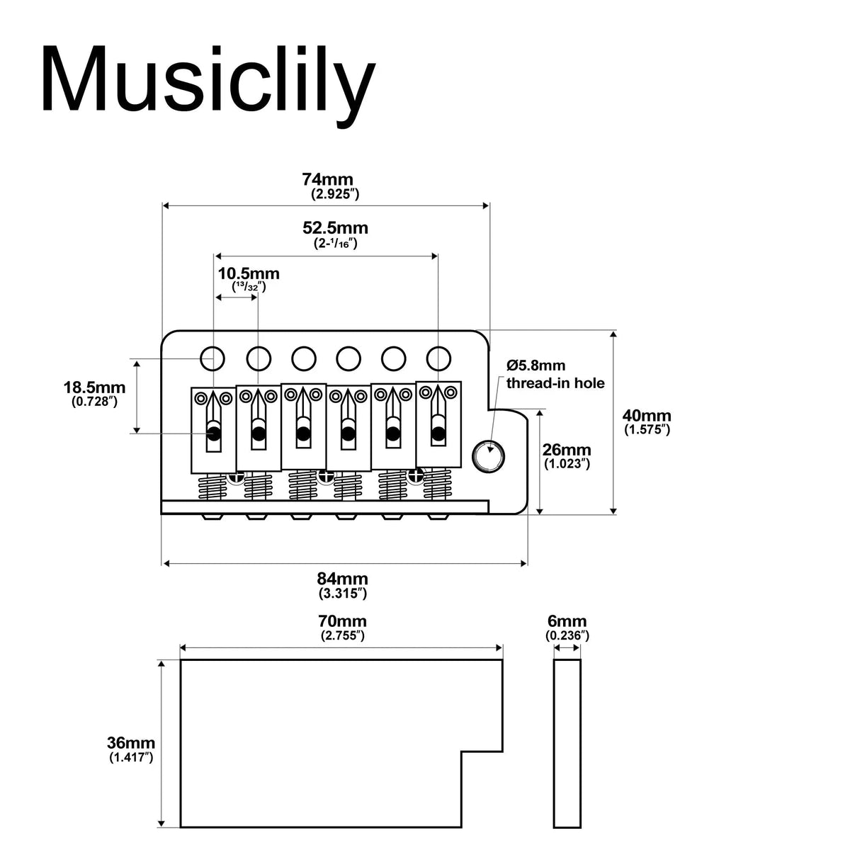Musiclily Basic 52.5mm(2-1/16 inch) Guitar Tremolo Bridge for Strat Style Electric Guitar
