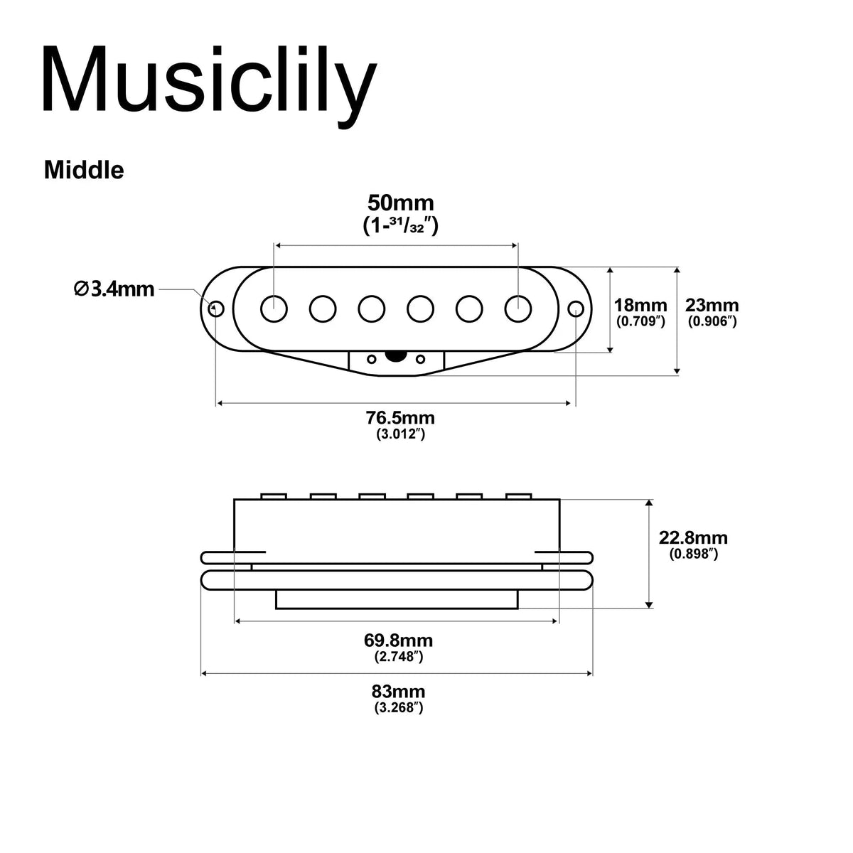 Musiclily Basic 50mm Ceramic Guitar Single coil Middle Pickup for Strat or Squier Style