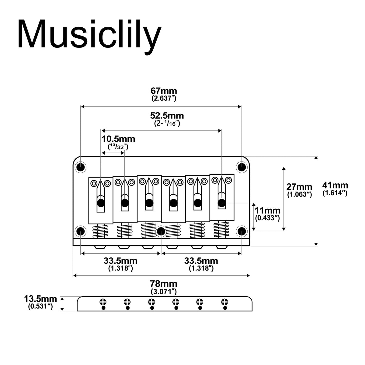 Musiclily Basic 52.5mm(2-1/16 inch) 6 String Non-Tremolo Guitar Fixed Saddle Hardtail Bridge for Fender Strat Tele Style Electric Guitar