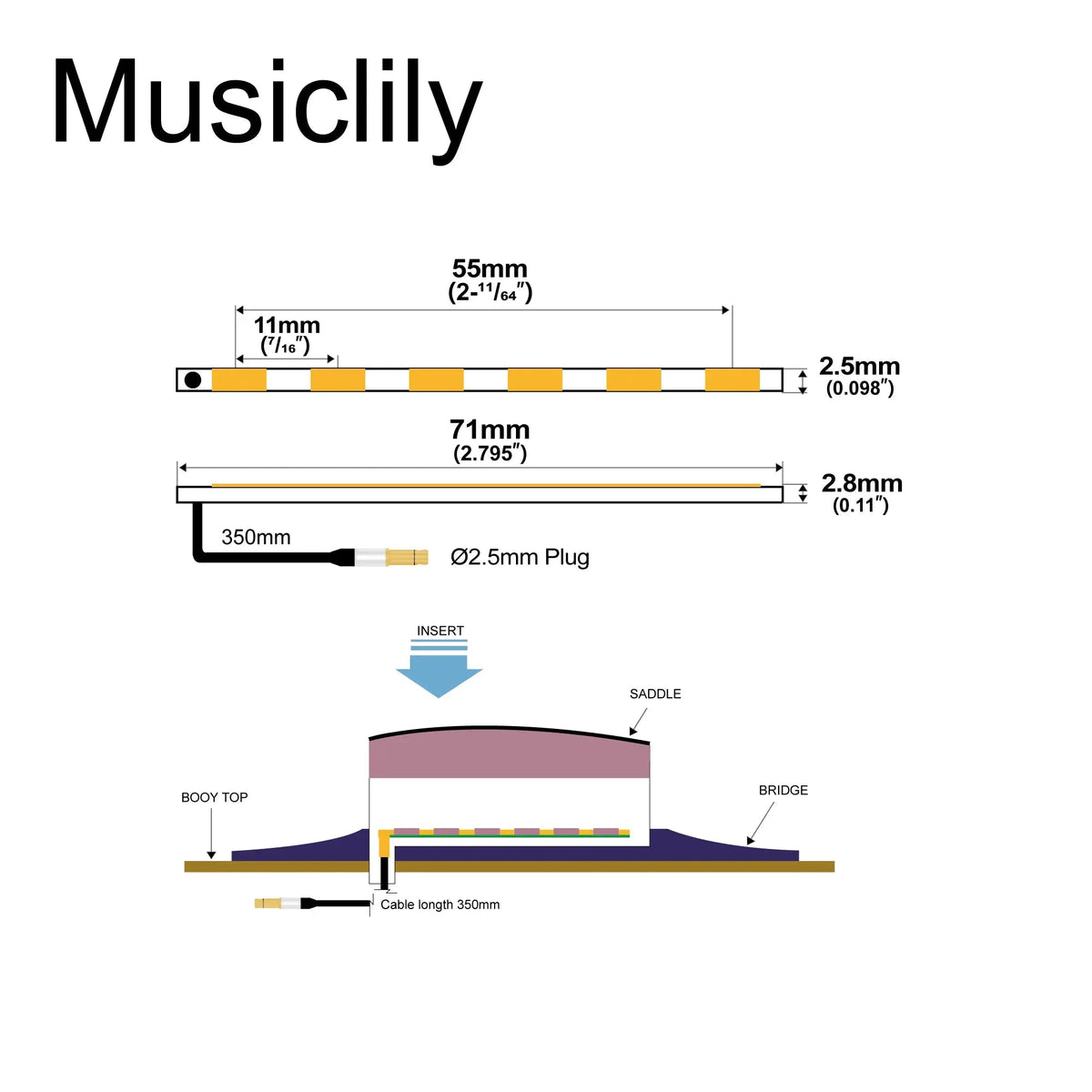 Musiclily Basic Ceramic Hard Guitar Pickup Under Saddle Piezo for Classcial Guitar