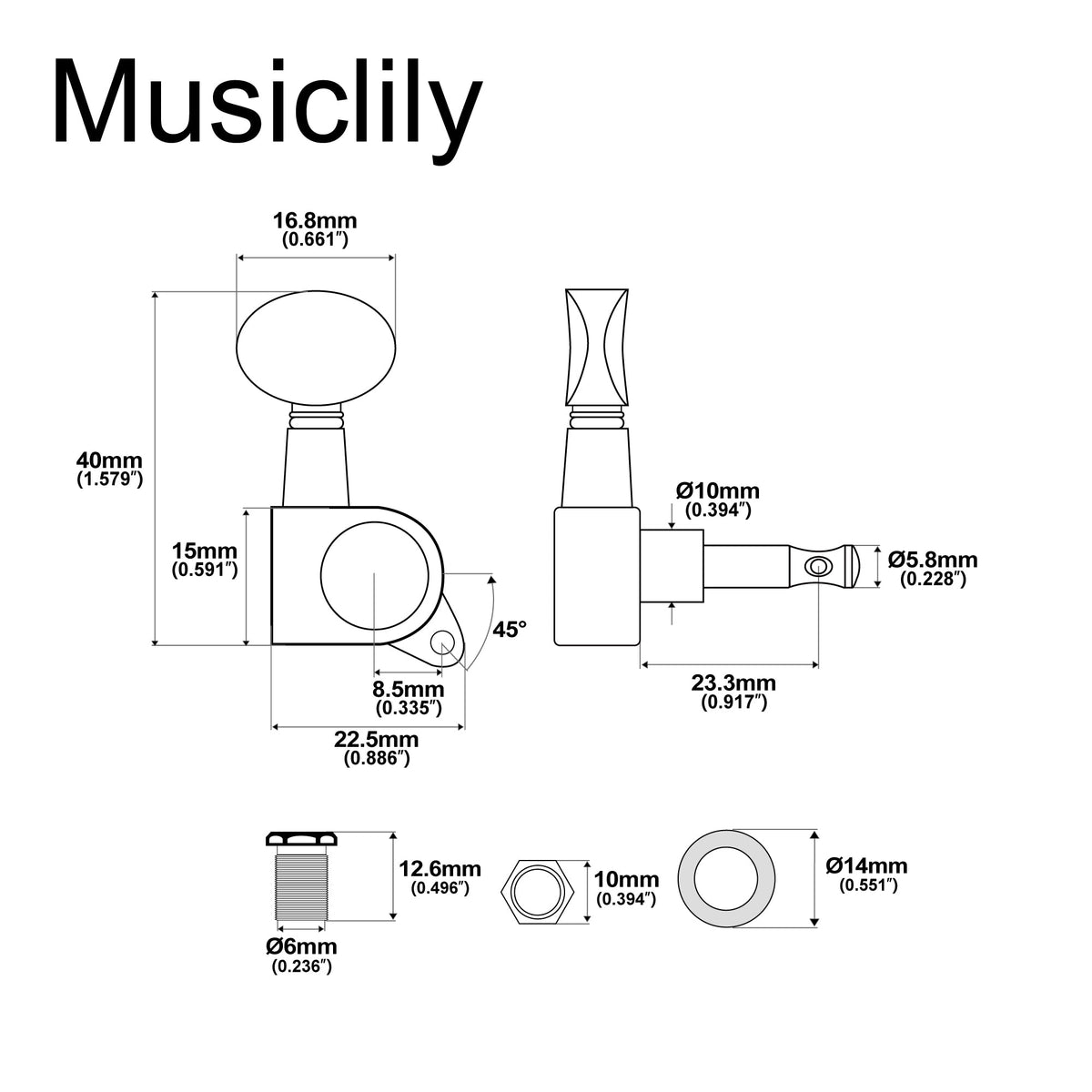 Musiclily Basic R15A 6-in-line Guitar Sealed Tuners Tuning Pegs Keys Machine Heads Set