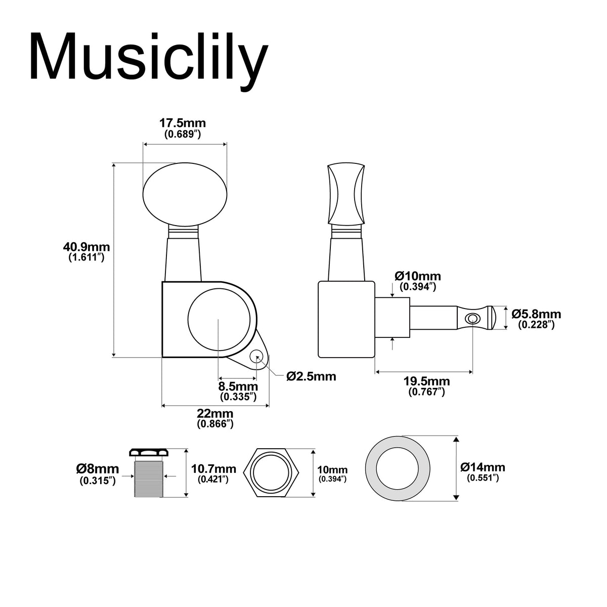 Musiclily Basic 2R2L Sealed Ukulele Tuners Tuning Pegs Keys Machine Heads Set