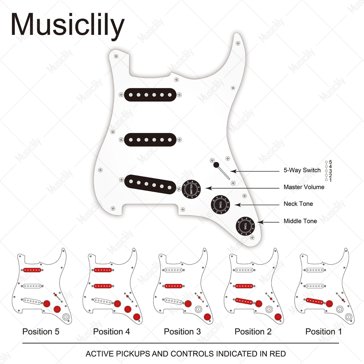 Musiclily Basic Pre-wired Loaded Standard ST-SSS Pickguard with Ceramic Magnet Single Coil Pickups Set Single Capacitor for Strat Style Electric Guitar
