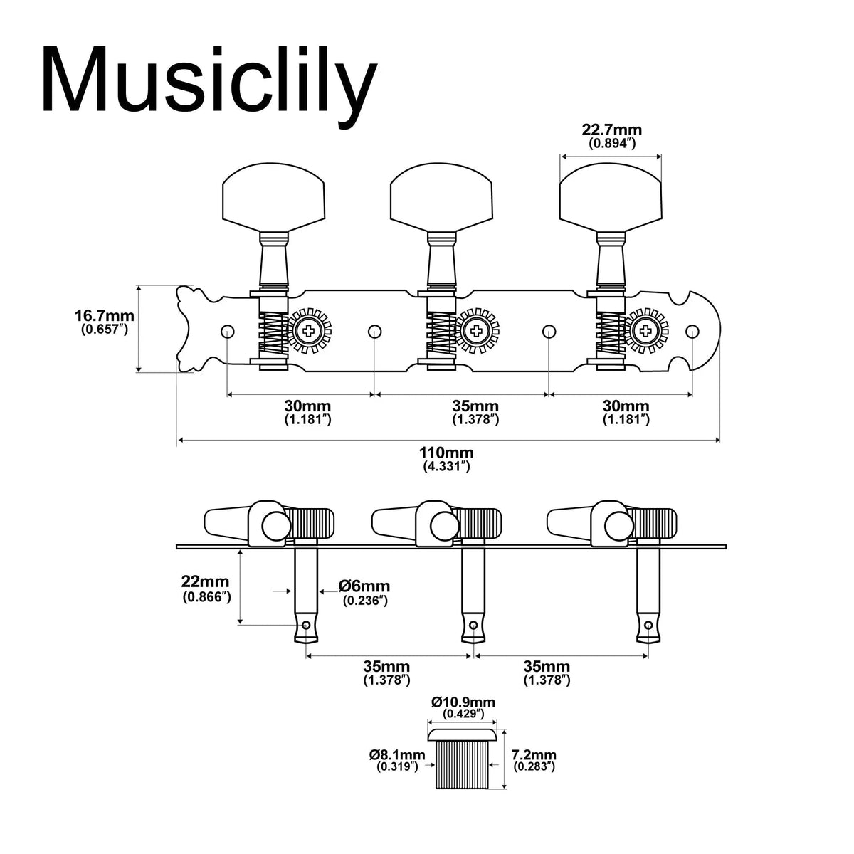 Musiclily Pro 3 on a Plate Acoustic Guitar Tuners Machine Heads Tuning Keys Pegs Set, Nickel with Chrome Button