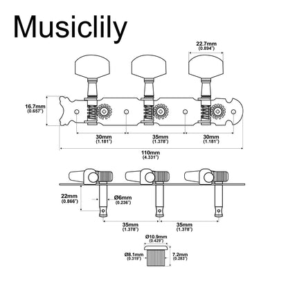 Musiclily Pro 3 on a Plate Acoustic Guitar Tuners Machine Heads Tuning Keys Pegs Set, Nickel with Chrome Button