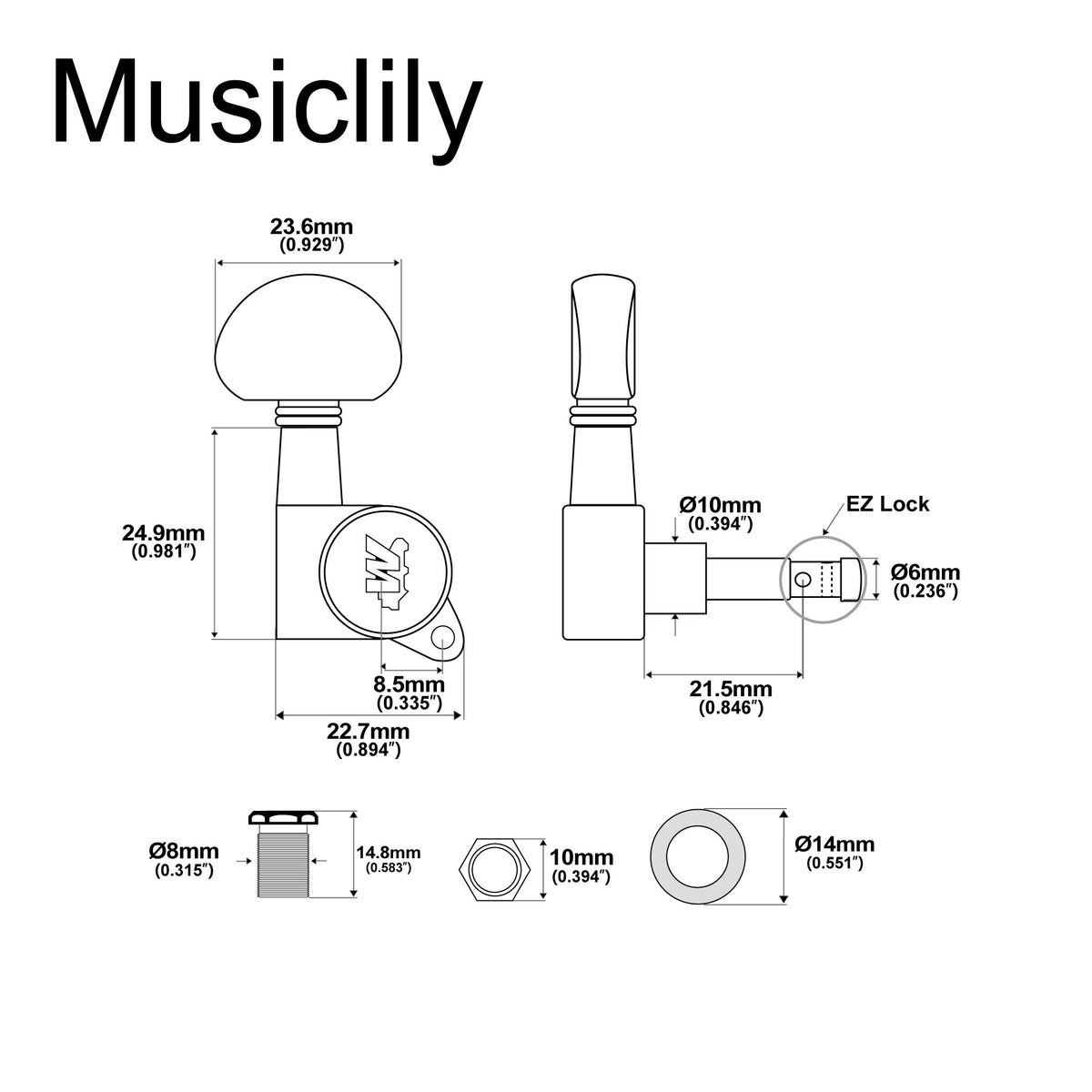 Wilkinson Single 19:1 Ratio E-Z-LOK Full Sealed Machine Head Bass Side Tuner Tuning Peg Key with Half Moon Button for Acoustic Electric Guitar