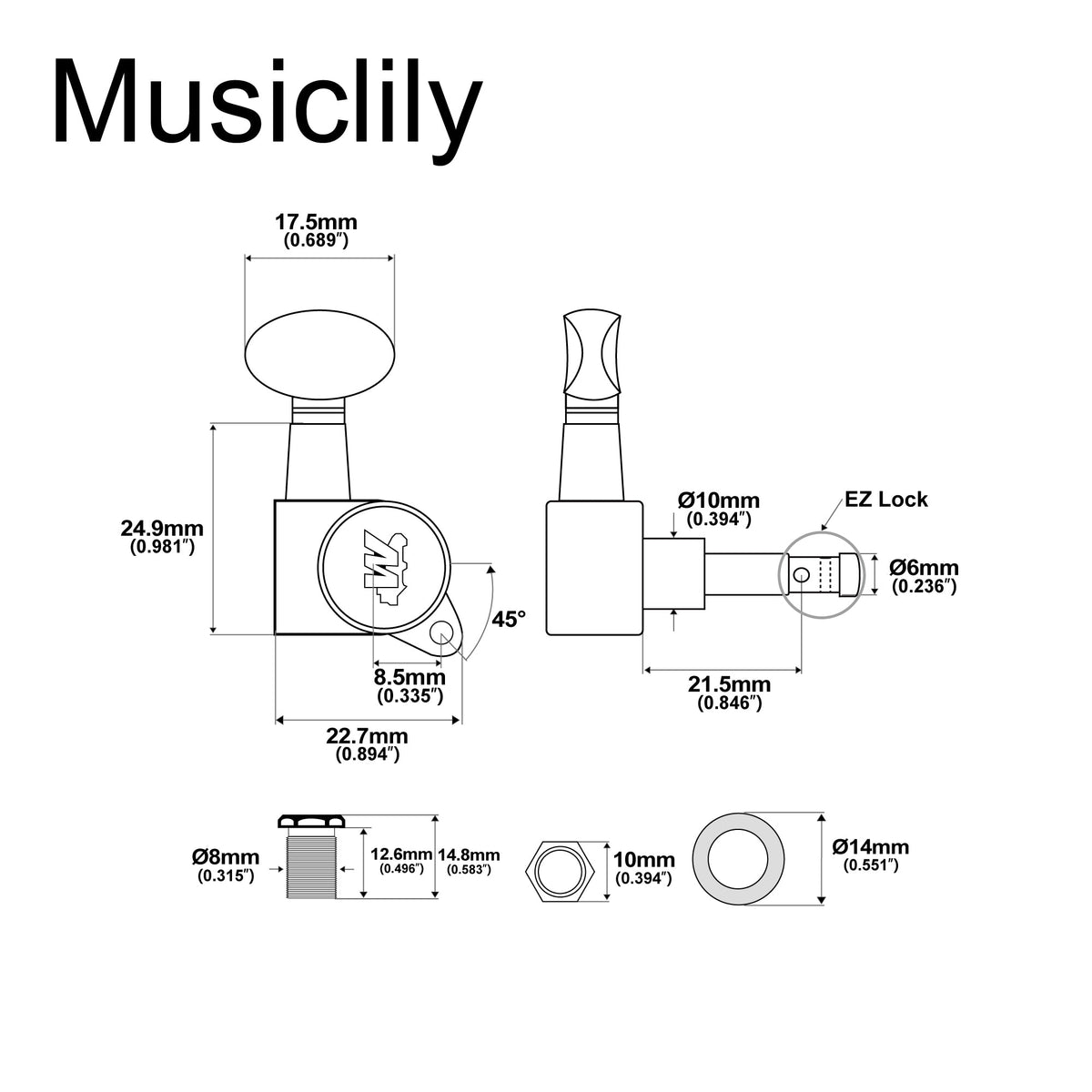 Wilkinson Single 19:1 Ratio E-Z-LOK Full Sealed Machine Head Bass Side Tuner Tuning Peg Key with Vintage Oval Button for Strat Tele Style Electric Guitar