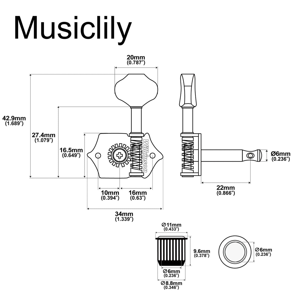Wilkinson 3R3L 19:1 Ratio Open Gear Machine Heads Tuners Tuning Pegs Keys with Butterbean Button for Acoustic Electric Guitar