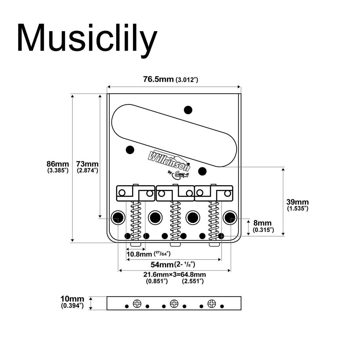 Wilkinson WTB 54mm(2-1/8 inch) Ashtray Brass Compensated 3-Saddle Guitar Bridge for Tele Style Guitar