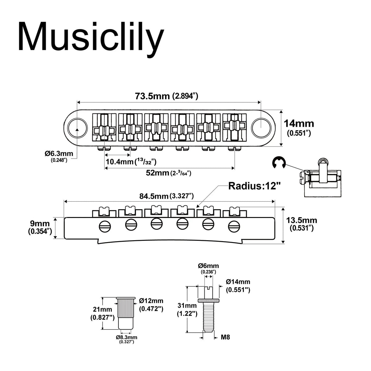Musiclily Pro BM001 52mm(2-3/64 inch) Tune-O-Matic Guitar Bridge Roller Saddles Set for LP SG Style Electric Guitar