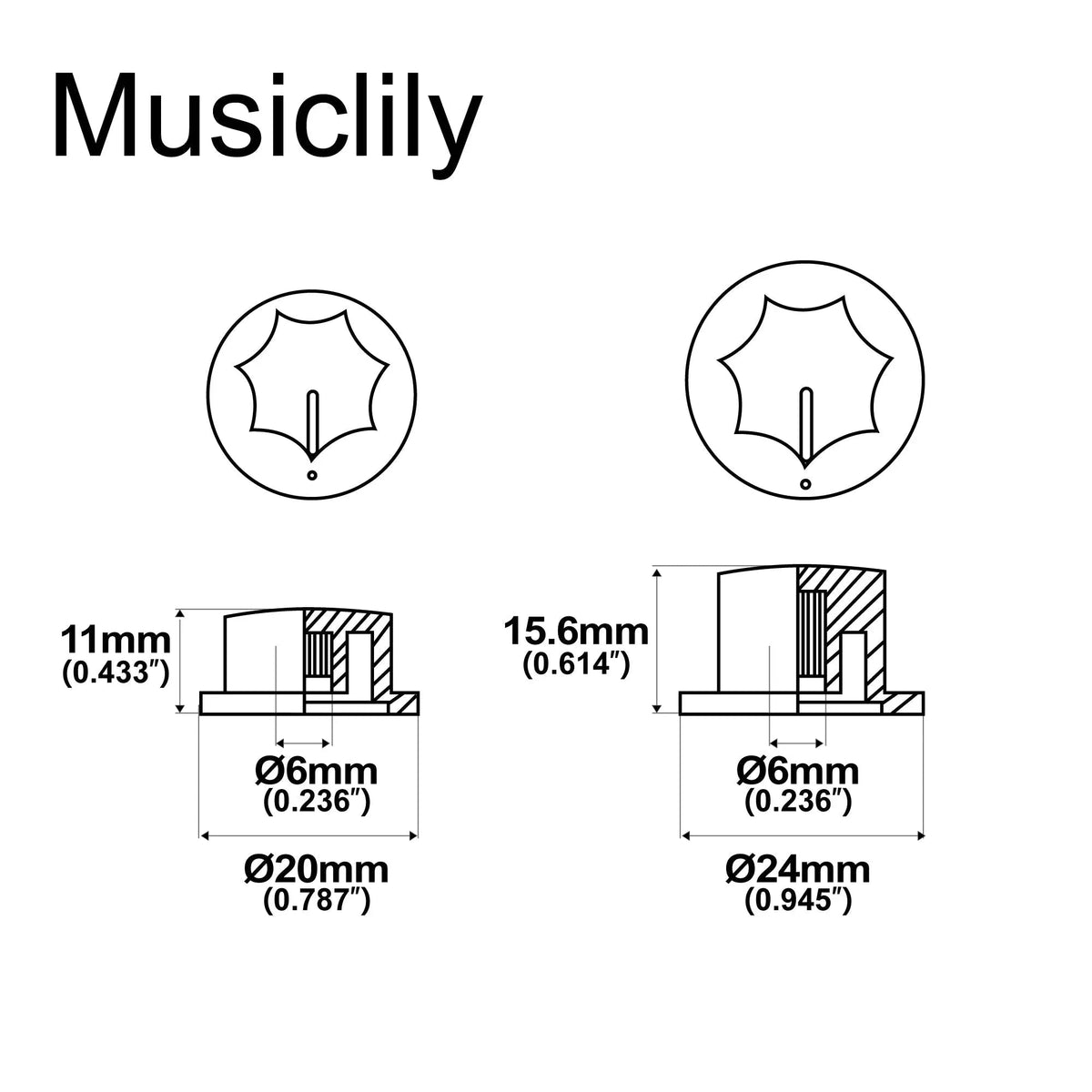 Musiclily Pro Metric Size 18 Splines Jazz Bass Knobs for Asia Import Bass Split Shaft Pots, Set of 3