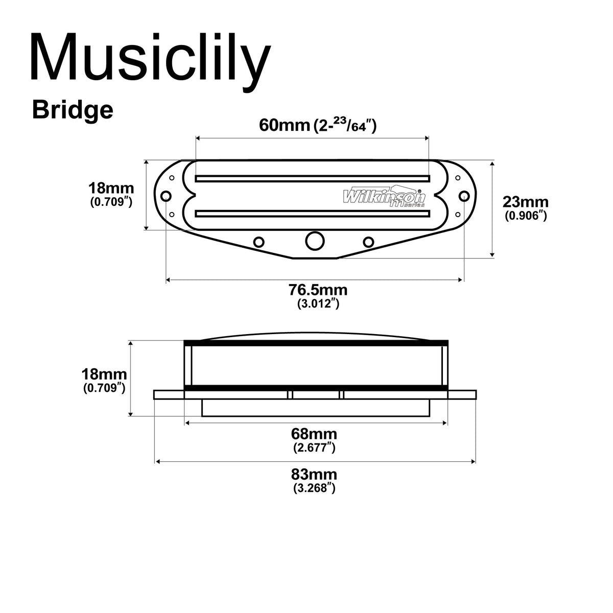 Wilkinson M Series Low Gauss Rail Blade Ceramic Single Coil Sized Humbucker Bridge Pickup for Strat Style Electric Guitar