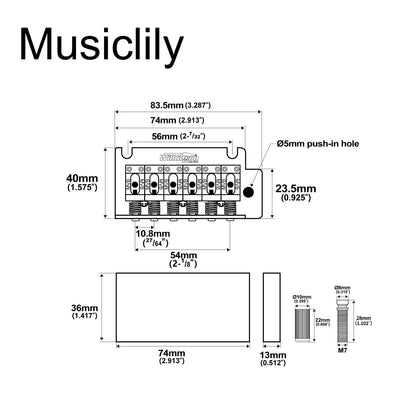 Wilkinson M Series 54mm(2-1/8 inch) Vintage Style Full Block Pop-in Arm 2-Point ST Guitar Tremolo Bridge for MIJ/MIK Strat Style Electric Guitar