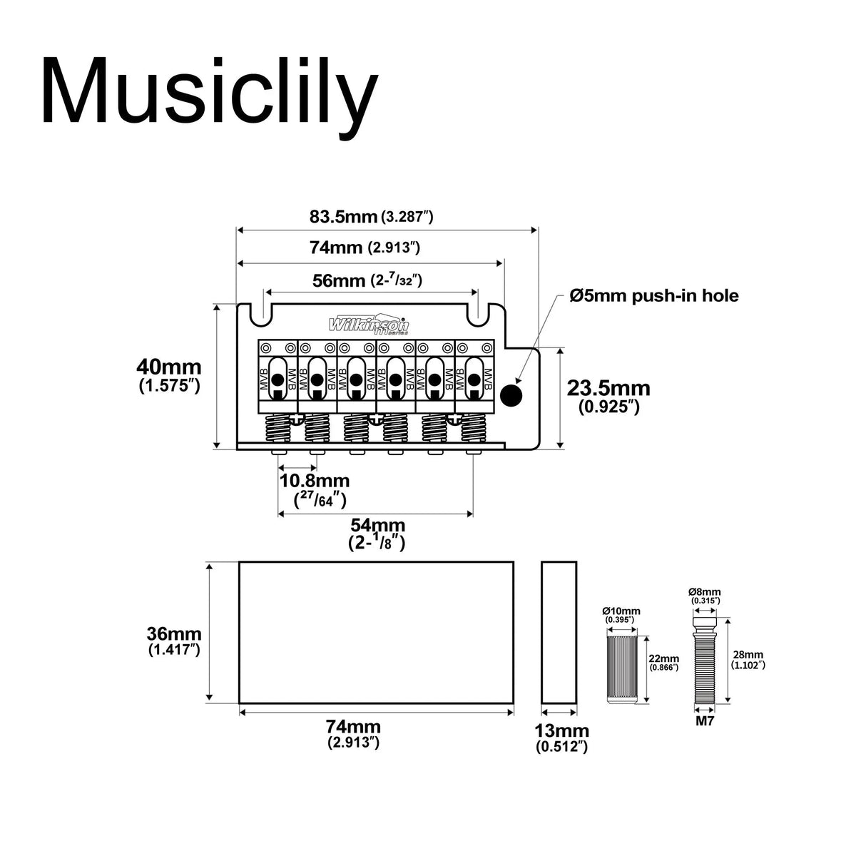 Wilkinson M Series 54mm(2-1/8 inch) Vintage Style Full Block Pop-in Arm 2-Point ST Guitar Tremolo Bridge for MIJ/MIK Strat Style Electric Guitar