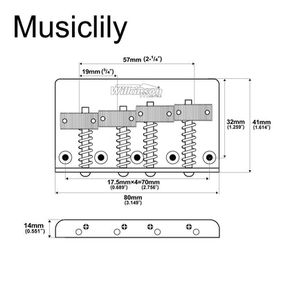 Wilkinson M Series 57mm(2-1/4 inch) Top-loading 4-String Fixed Bass Bridge Threaded Saddles for Precision Bass and Jazz Bass