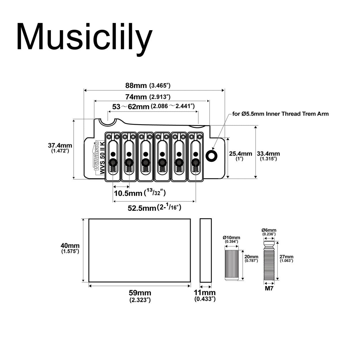 Wilkinson WVS50IIK 52.5mm(2-1/16 inch) 2-Point Tremolo Bridge with Stainless Steel Saddles for USA/Mexico/Japan/Korea Strat Electric Guitar