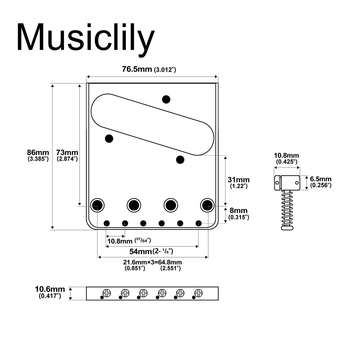 Musiclily Pro BT001 54mm String Spacing 6 Saddles Ash Tray Bridge for Tele Style Electric Guitar