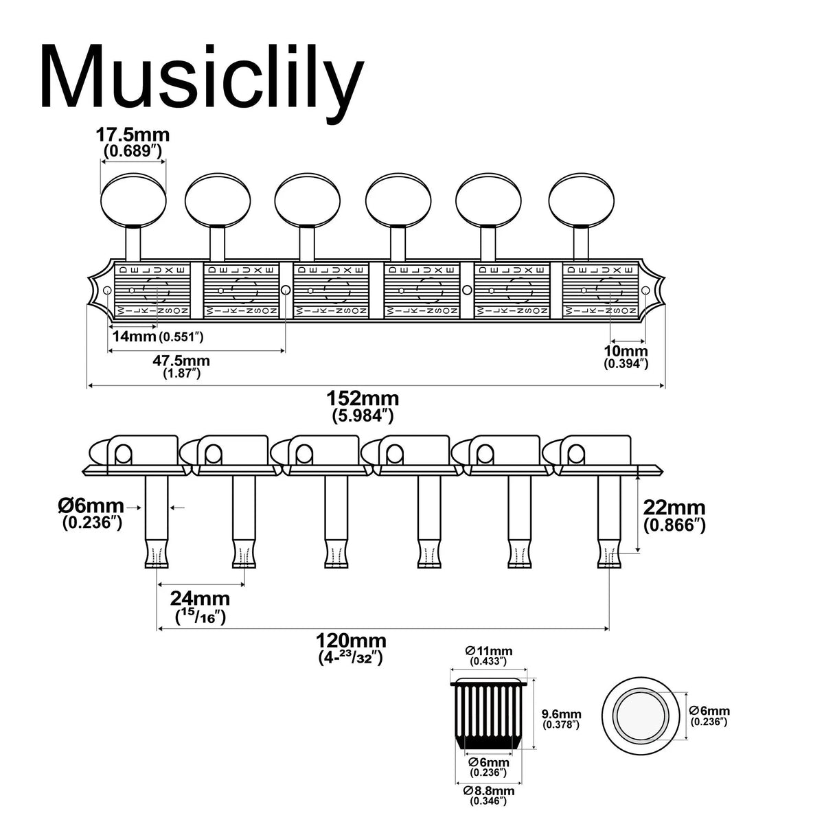 Wilkinson Deluxe Vintage 6-on-a-strip In line Split Shaft Tuners Tuning Pegs Keys Machine Heads Set for Squier/Fender Classic Vibe Strat/Tele Style Guitar