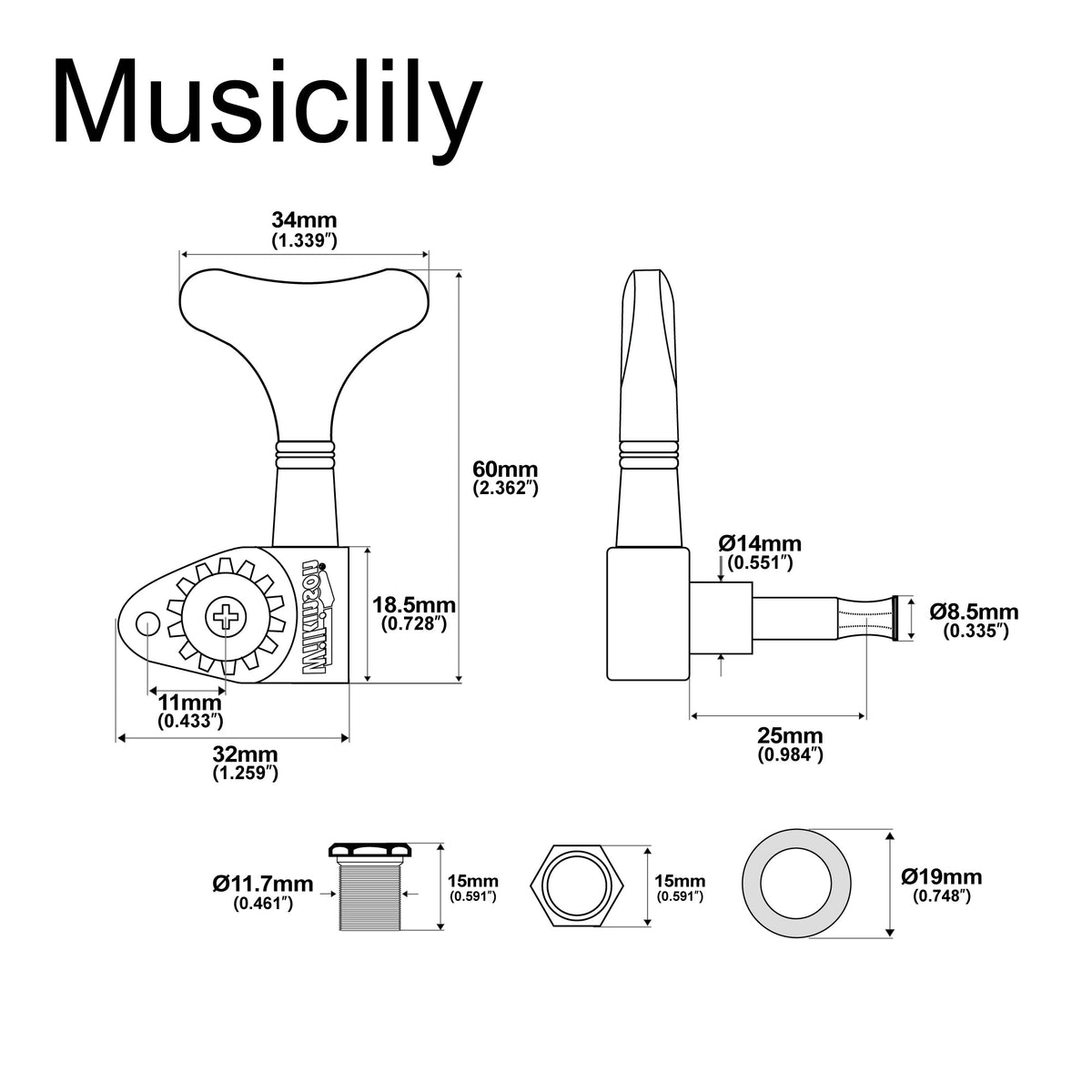 Wilkinson 2R2L 20:1 Ratio Open Gear Machine Heads for Ibanez Style Electric Bass Tuners Bass Tuning Pegs Keys