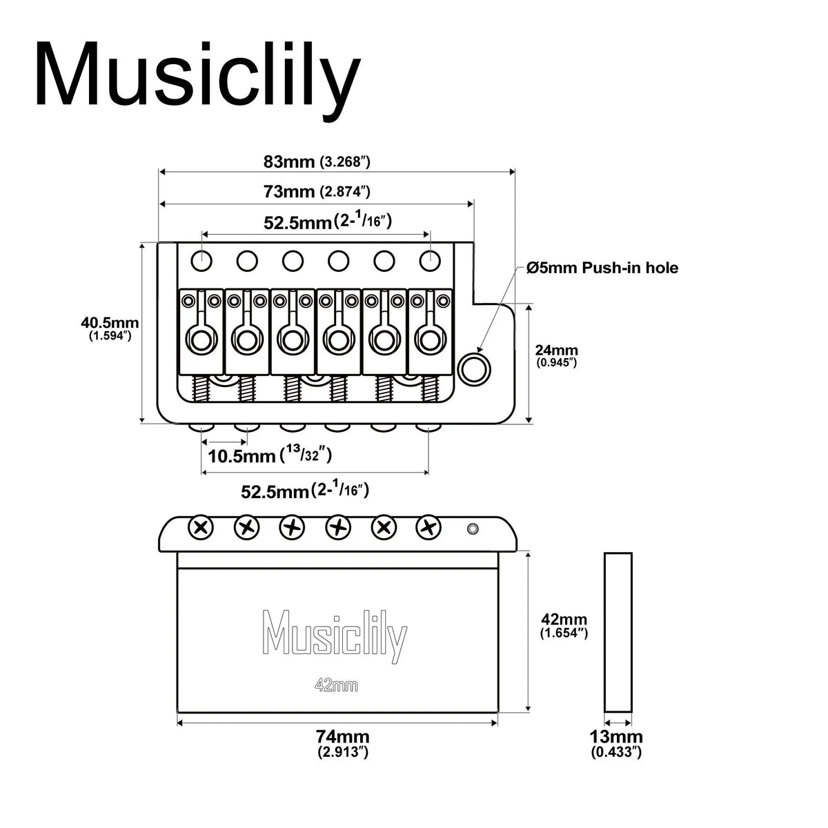 Musiclily Ultra BV005 52.5mm(2-1/16 inch) Full Solid Brass 6-Screw Knife Edge Tremolo Bridge for Strat Style Electric Guitar