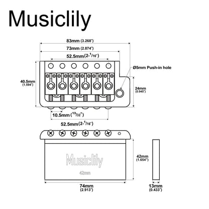 Musiclily Ultra BV005 52.5mm(2-1/16 inch) Full Solid Brass 6-Screw Knife Edge Tremolo Bridge for Strat Style Electric Guitar