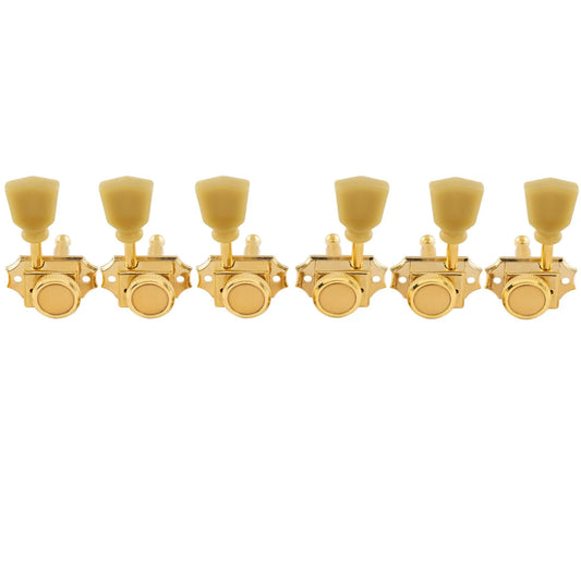 Musiclily Pro R15T-07 3R3L 14:1 Ratio Semi Closed Vintage Style Locking Machine Heads Tuners Tuning Pegs Keys with Keystone Button for Acoustic Electric Guitar with Green Button