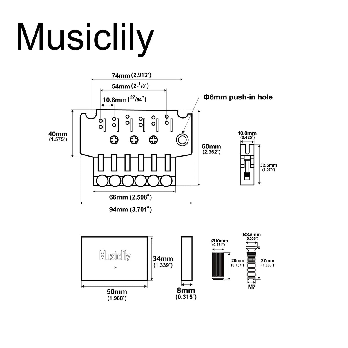 Musiclily Pro 54mm (2-1/8 inch) String Spacing 34mm Full Solid Brass Block Double Locking Tremolo Bridge with Push-in Trem Arm for FR Style Electric Guitar