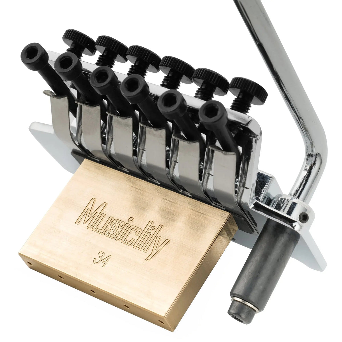 Musiclily Pro 54mm (2-1/8 inch) String Spacing 34mm Full Solid Brass Block Double Locking Tremolo Bridge with Push-in Trem Arm for FR Style Electric Guitar