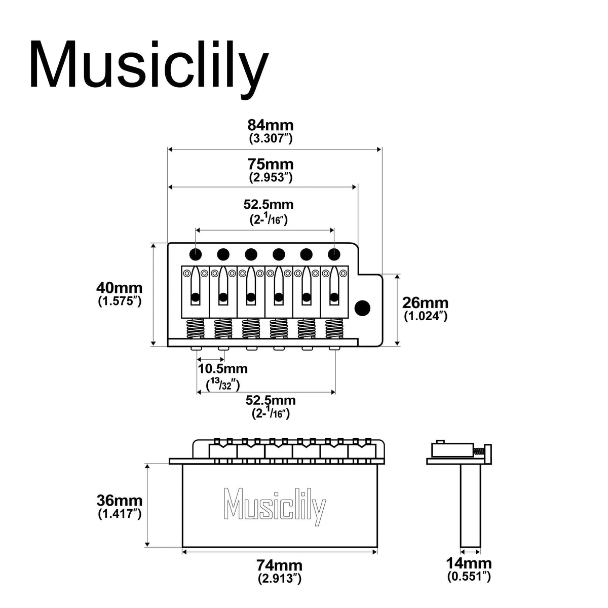 Musiclily Pro BV015 52.5mm 6-Screw Modern Style Saddles Guitar Tremolo Bridge with 36mm Solid Brass Block for Squier Strat Style Electric Guitar