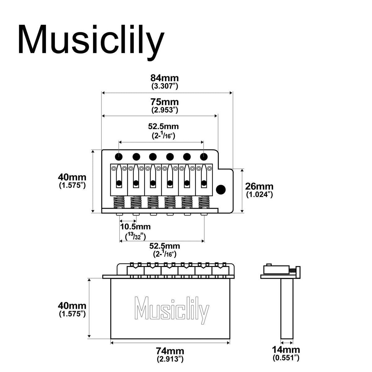 Musiclily Pro BV016 52.5mm 6-Screw Modern Style Saddles Guitar Tremolo Bridge with 40mm Solid Brass Block for Squier Strat Style Electric Guitar