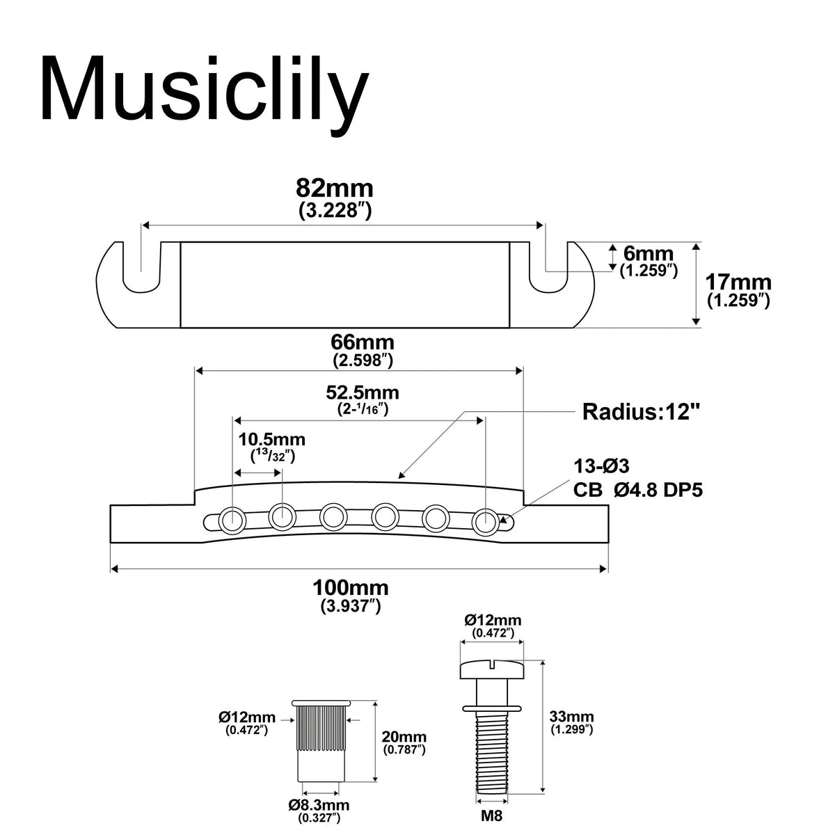 Musiclily Pro 52.5mm String Spacing 12-string Stop Tailpiece for Epiphone LP SG Style Guitar