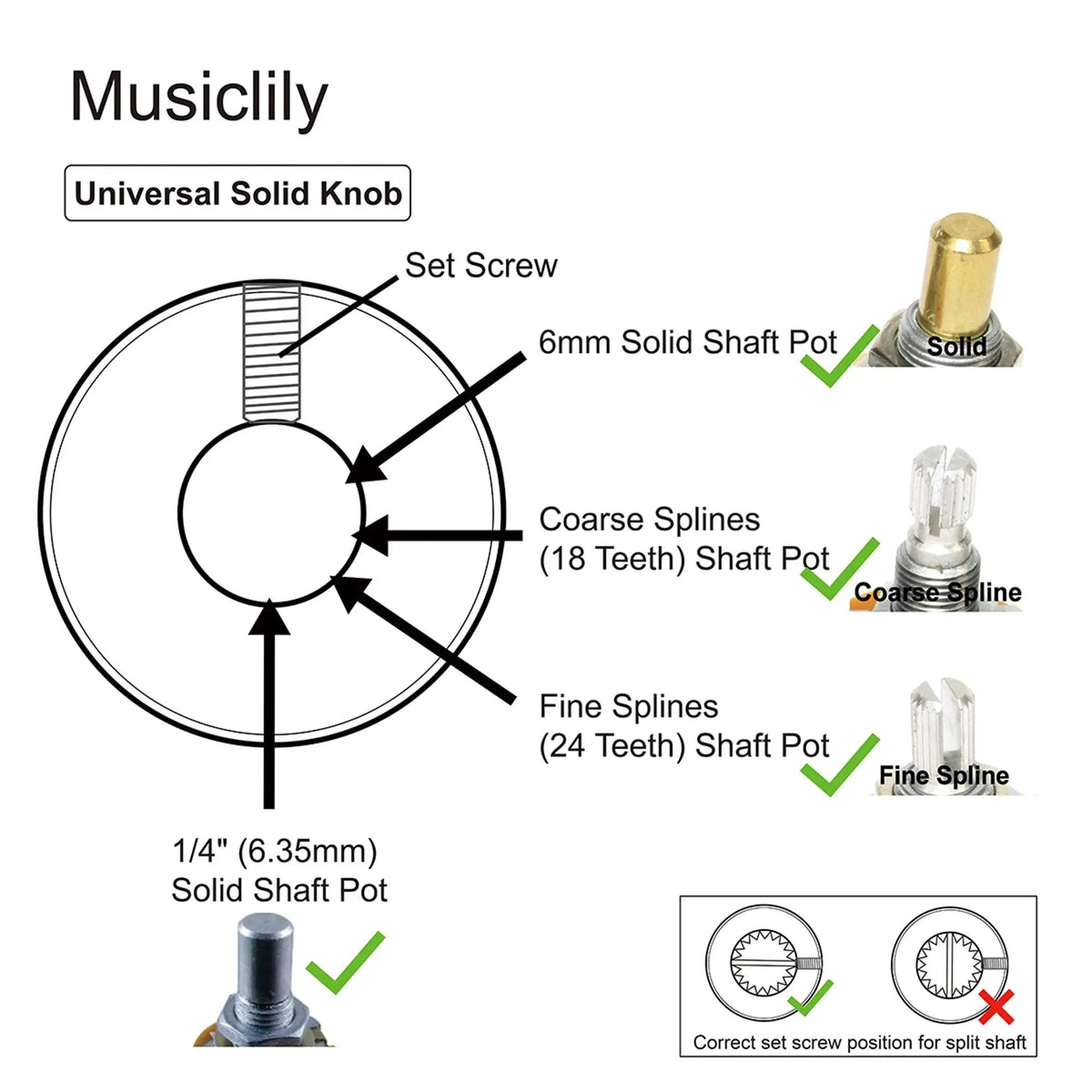 Musiclily Pro 1/4 Inch Steel Fine Knurled Flat Top Universal Fitting Potentiometer Control Knob with Set Screw for Electric Guitar Bass, Set of 2