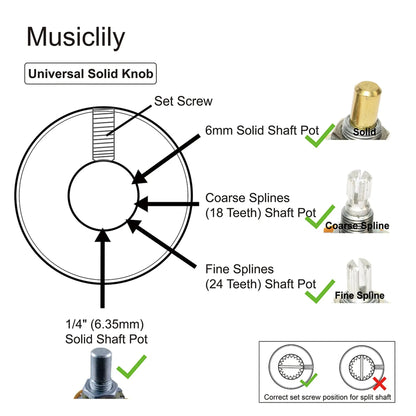 Musiclily Pro 1/4 Inch Steel Fine Knurled Flat Top Universal Fitting Potentiometer Control Knob with Set Screw for Electric Guitar Bass, Set of 2