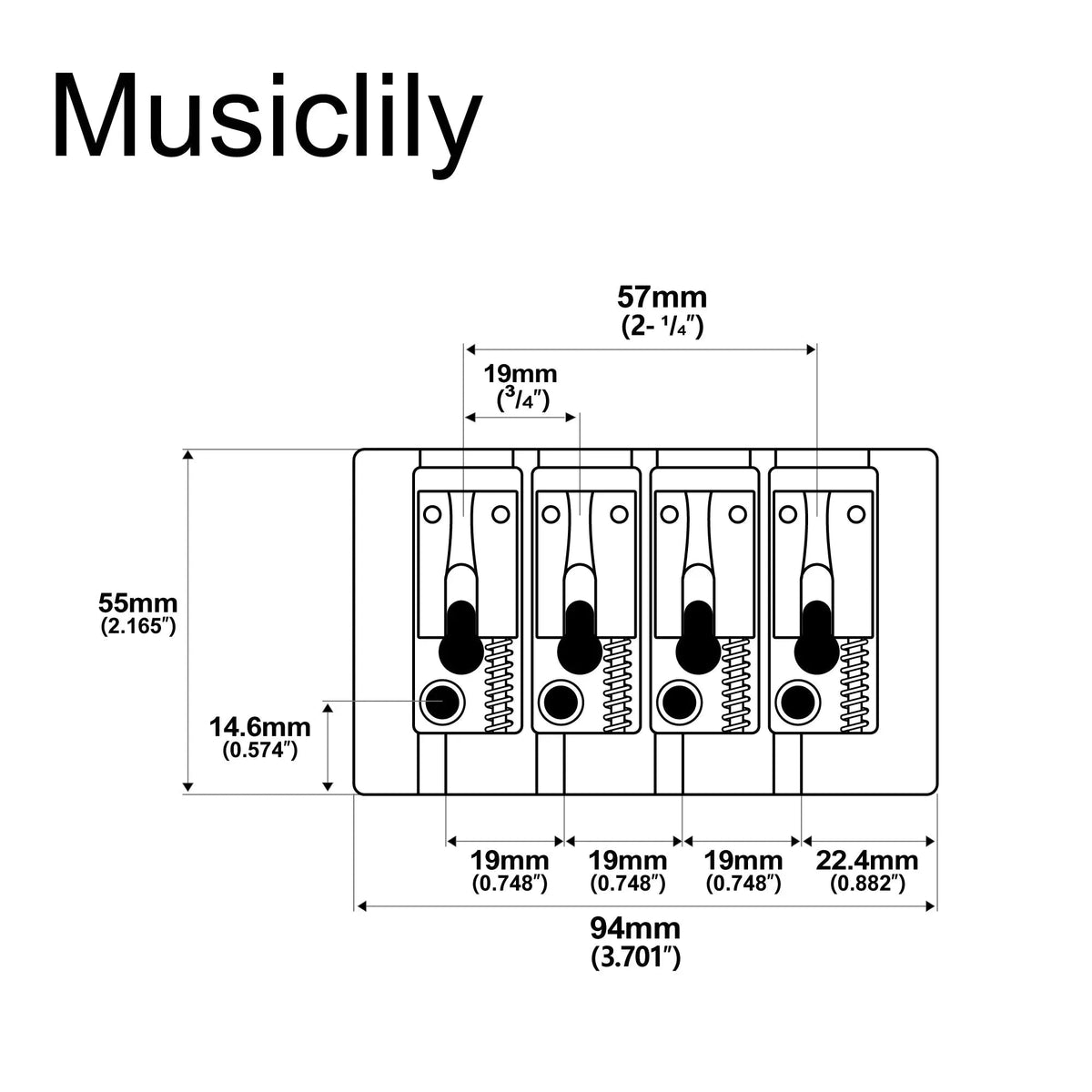 Musiclily Pro BB004 19mm String Spacing Pre-Radiused Hard Zinc 4-String Bass Bridge