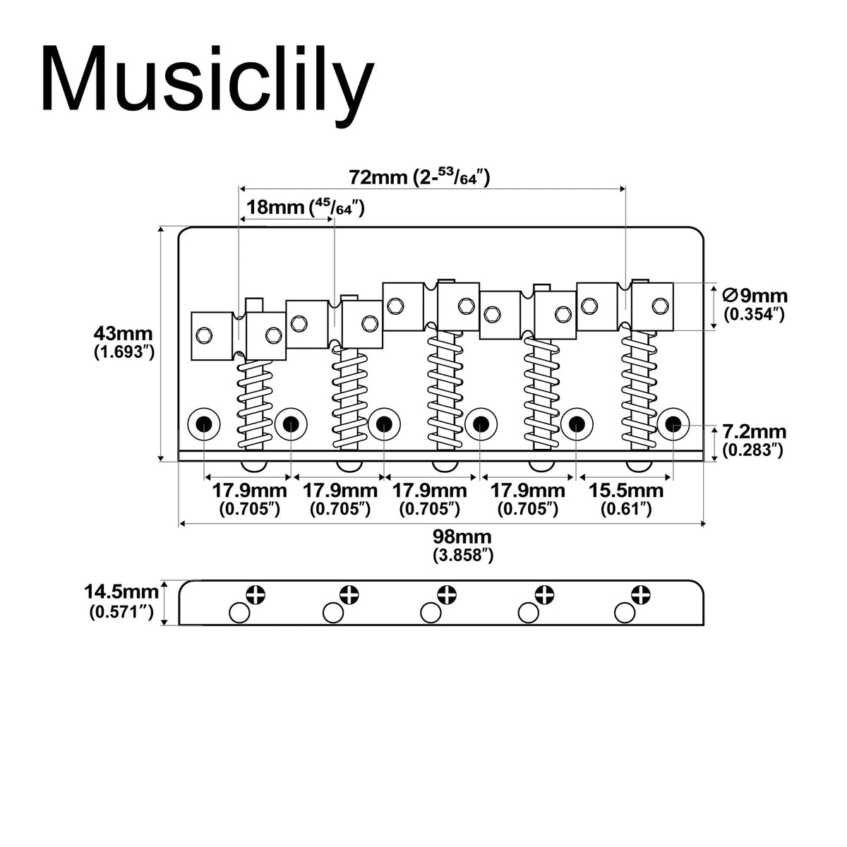 Musiclily Pro BB008 18mm String Spacing Classic Standard Top-loading 5-String Bass Bridge with Brass Saddle Steel Plate