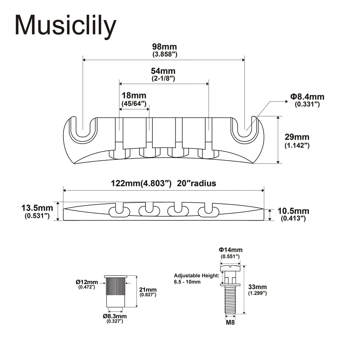 Musiclily Pro BB011 18mm String Spacing Zinc Alloy 4-String Bass Tailpiece