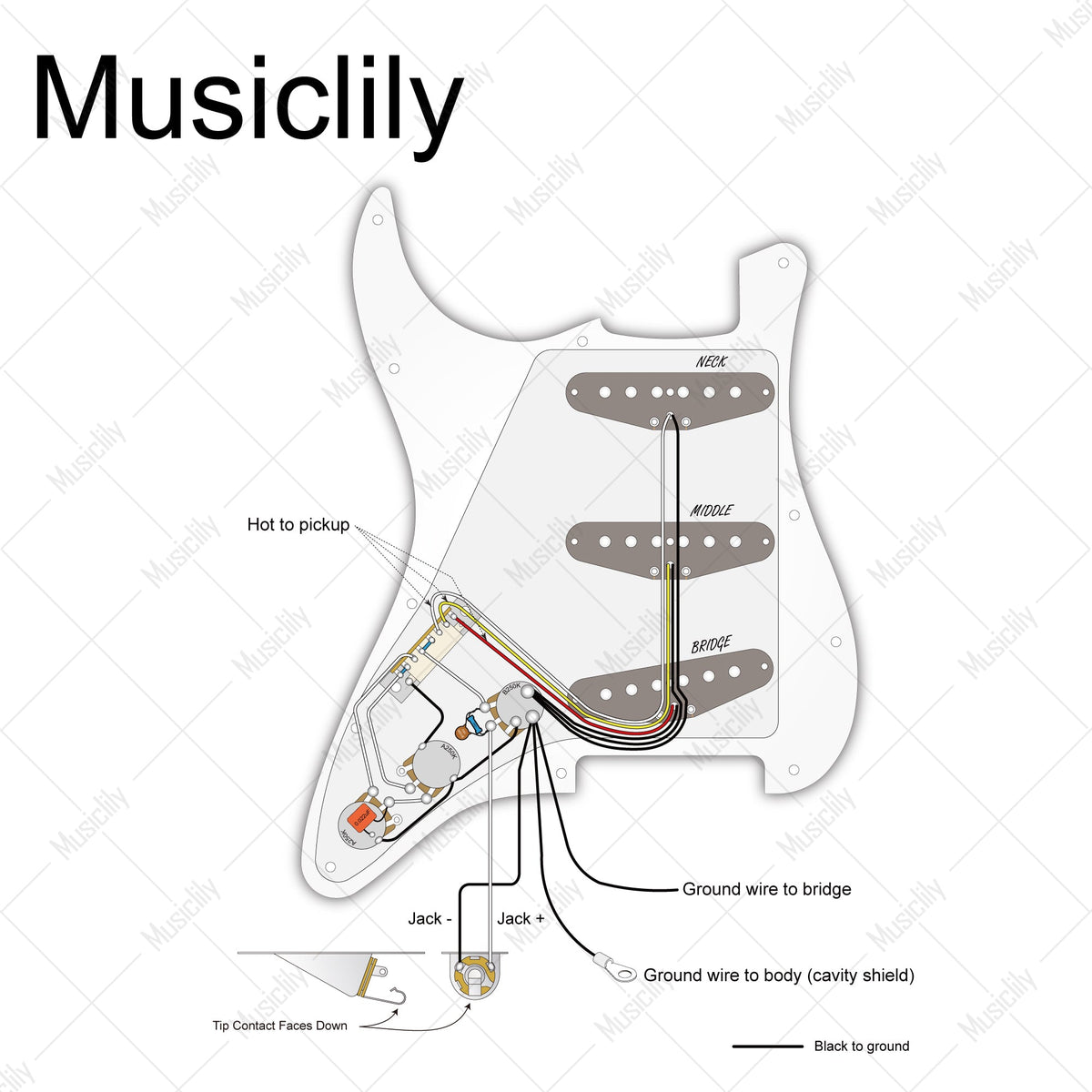 Musiclily Pro Electric Guitar Pre-wired Wiring Harness Upgrade for Import Style ST SSS with 5-Way Switch and 2A1B Pots
