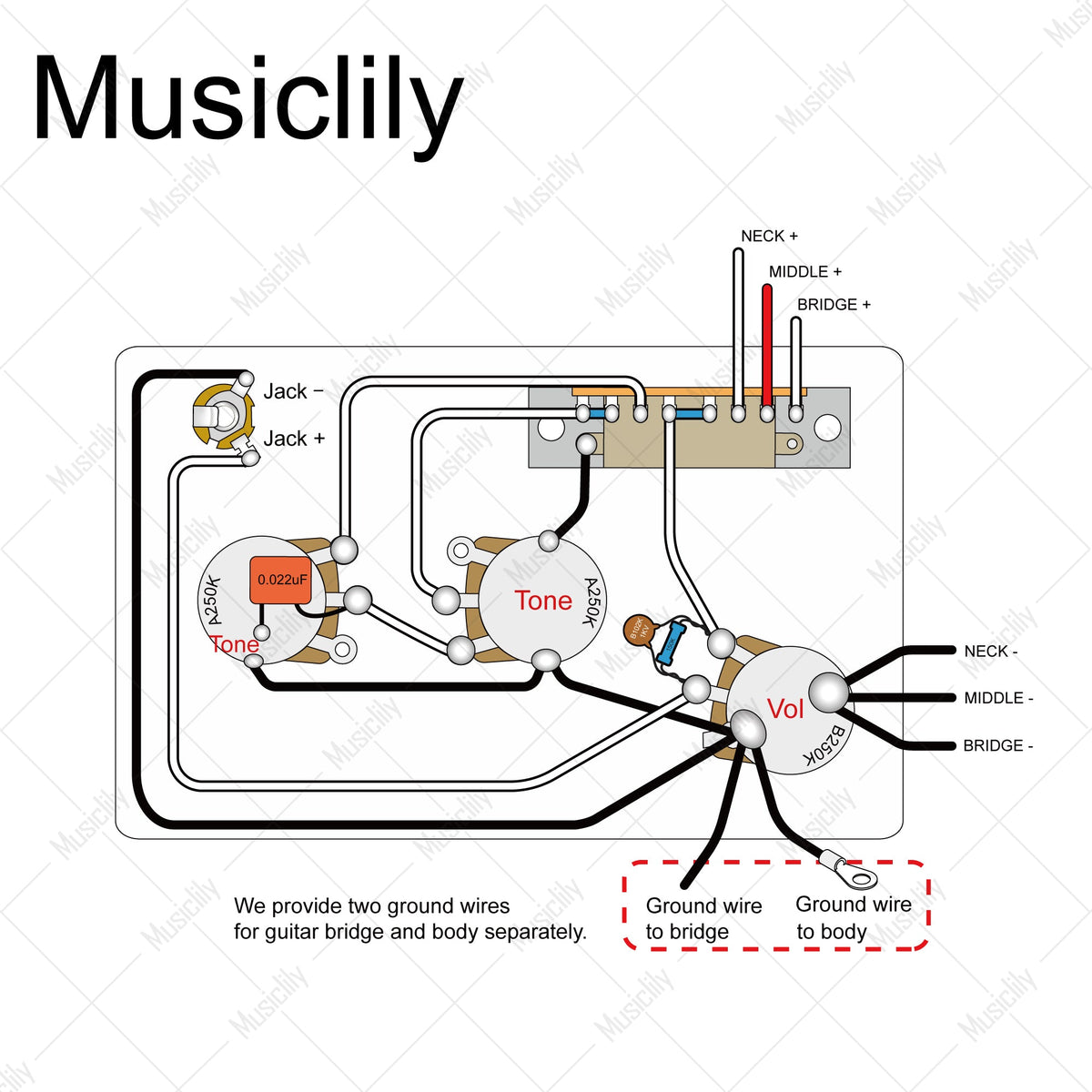 Musiclily Pro Electric Guitar Pre-wired Wiring Harness Upgrade for Import Style ST SSS with 5-Way Switch and 2A1B Pots