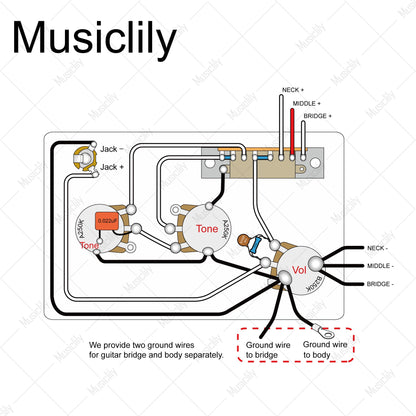 Musiclily Pro Electric Guitar Pre-wired Wiring Harness Upgrade for Import Style ST SSS with 5-Way Switch and 2A1B Pots