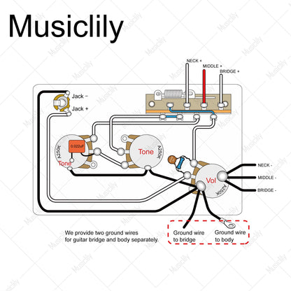 Musiclily Pro Electric Guitar Pre-wired Wiring Harness Upgrade for American Style ST SSS with 5-Way Switch and 3A Pots