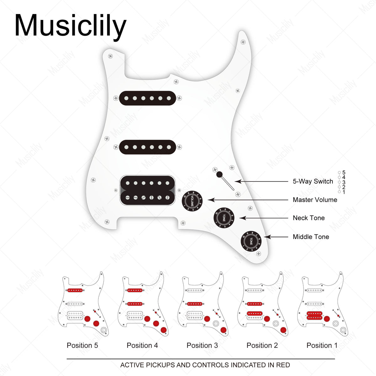 Musiclily Pro Auto-Split Pre-wired Standard HSS Pickguard with Artec Pickups Alnico 5 Magnet for ST Style Electric Guitar