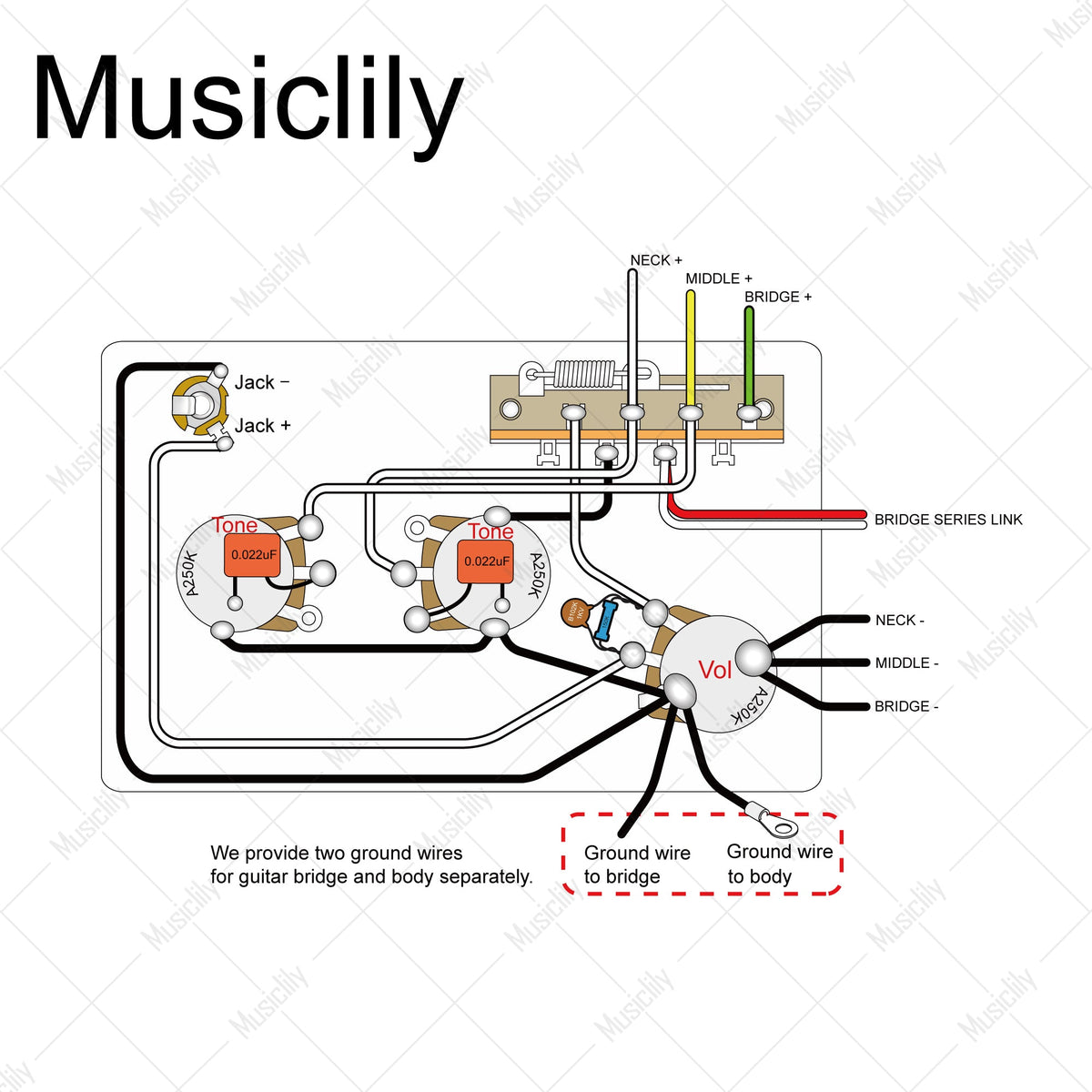 Musiclily Pro Electric Guitar Auto-Split Pre-wired Wiring Harness Upgrade for American Style ST HSS with 5-Way Switch and 3A Pots Jack