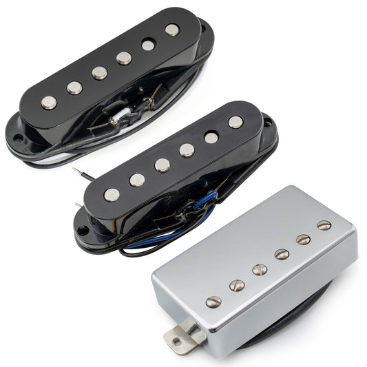Musiclily Pro ST-60SE Alnico 5 Staggered Single Coil Pickups and Covered Humbucker ST-HSS Neck Middle Bridge Pickups Set for Strat Style Electric Guitar