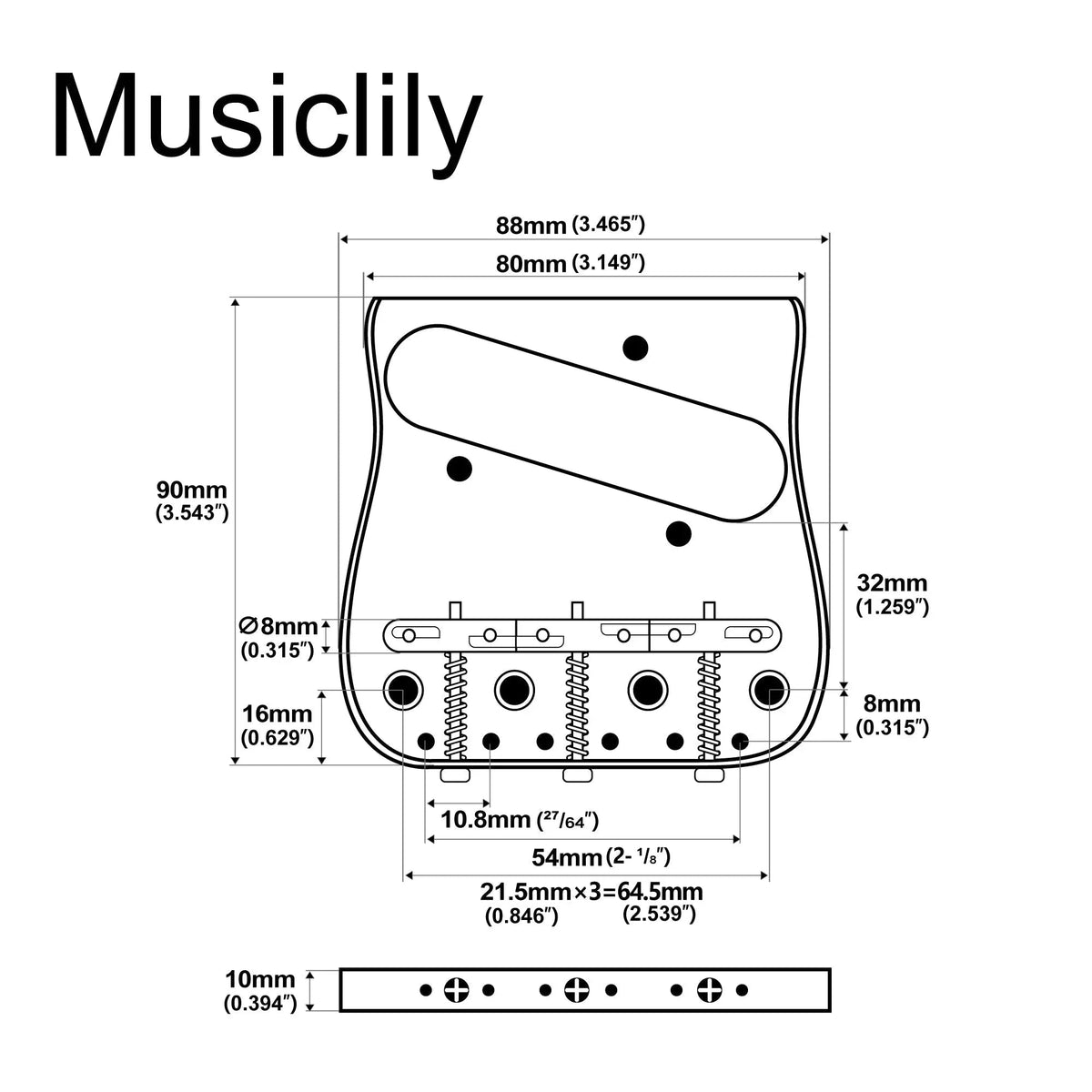 Musiclily Ultra BT013 54mm(2-1/8 inch) String Spacing Full Solid Brass Plate with Compensated 3-Saddle Curved Tele Style Guitar Bridge