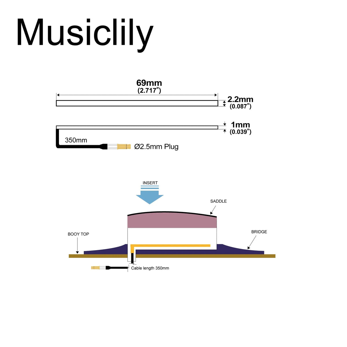 Musiclily Basic Transducer Under Bridge Saddle Film Sensor Piezo Pickup for Acoustic Guitar, 69mm*2.2mm