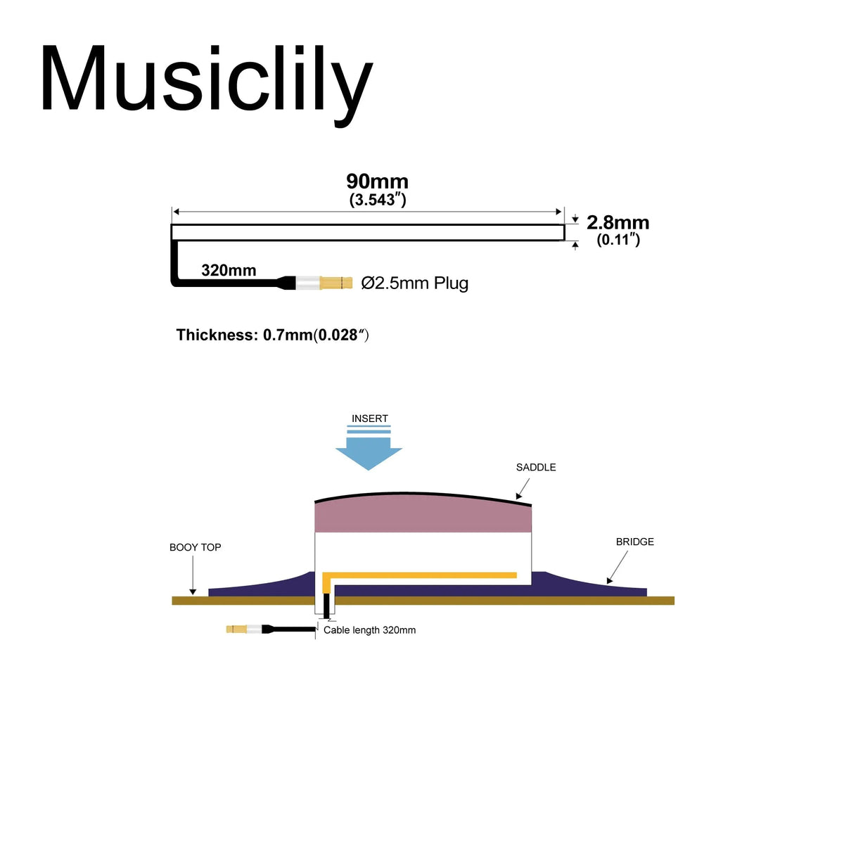 Musiclily Basic Transducer Under Bridge Saddle Soft Film Sensor Piezo Pickup for Acoustic or Classical Guitar, 90mm*2.8mm