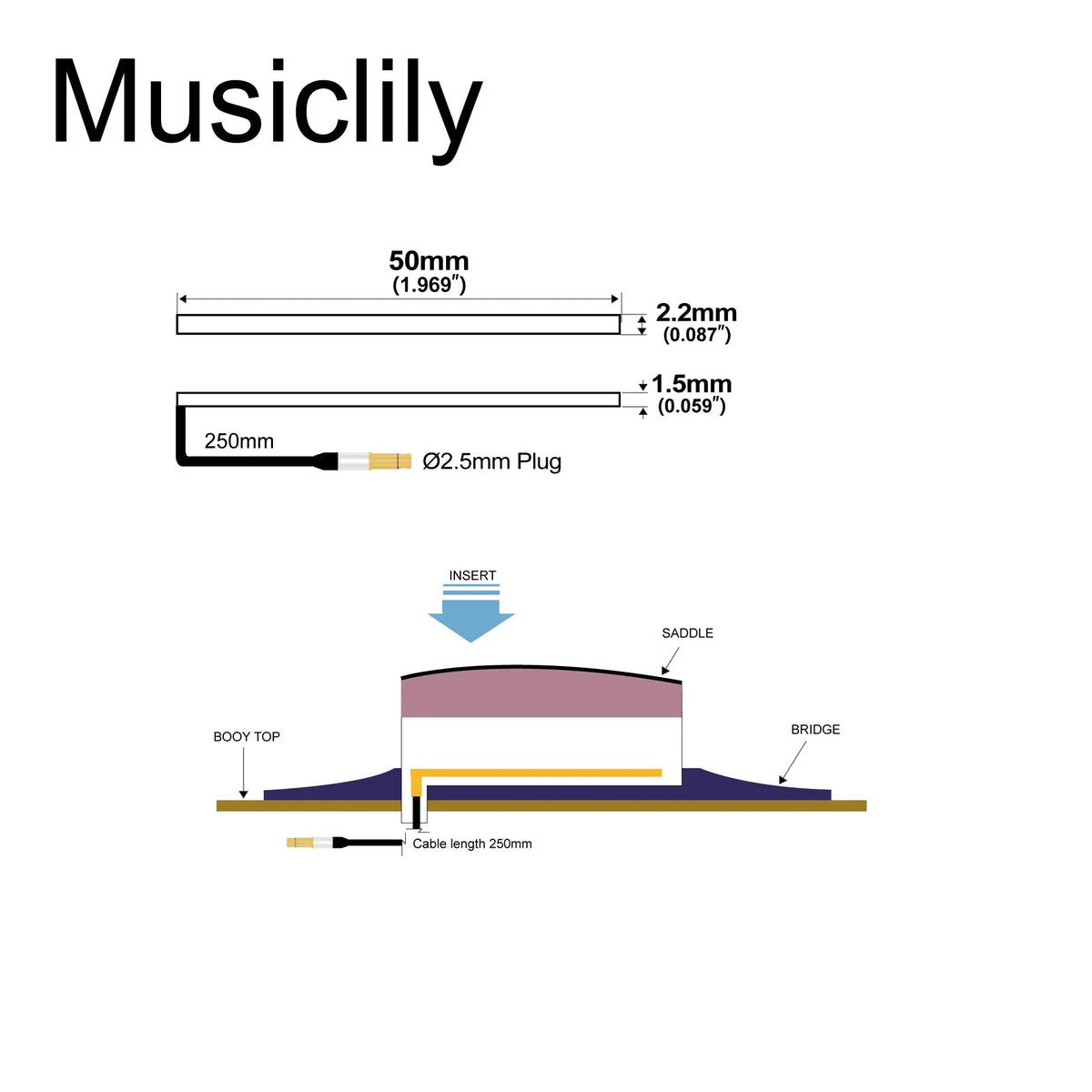 Musiclily Basic Transducer Under Bridge Saddle Ceramic Piezo Pickup for Ukulele, 50mm*2.2mm