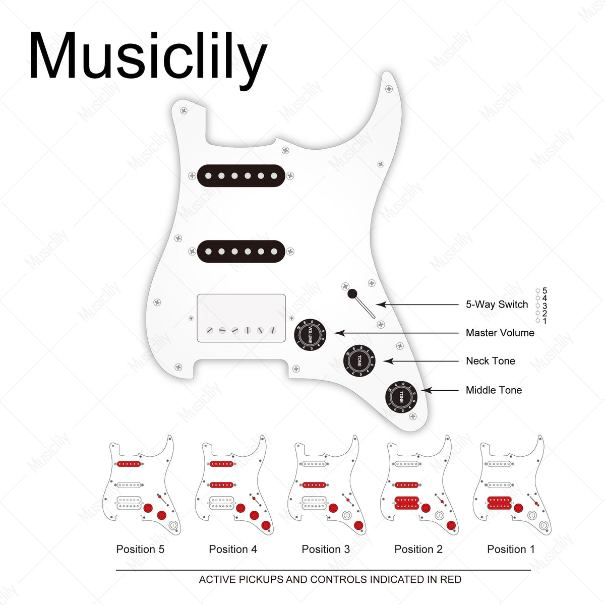 Musiclily Pro Pre-wired Standard HSS Pickguard with Artec Pickups Alnico 5 Magnet for ST Style Electric Guitar