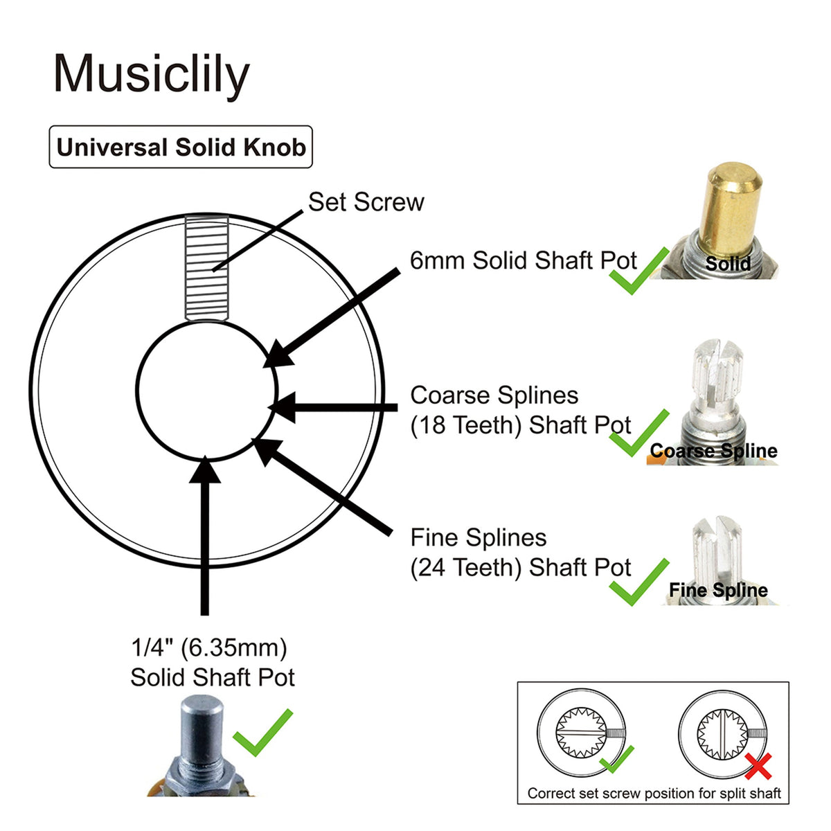 Musiclily Pro 1/4 Inch Aluminum Flat Top Universal Fitting Potentiometer Control Knob with Set Screw for Fender Mexico Player Tele Style Electric Guitar (Set of 2)